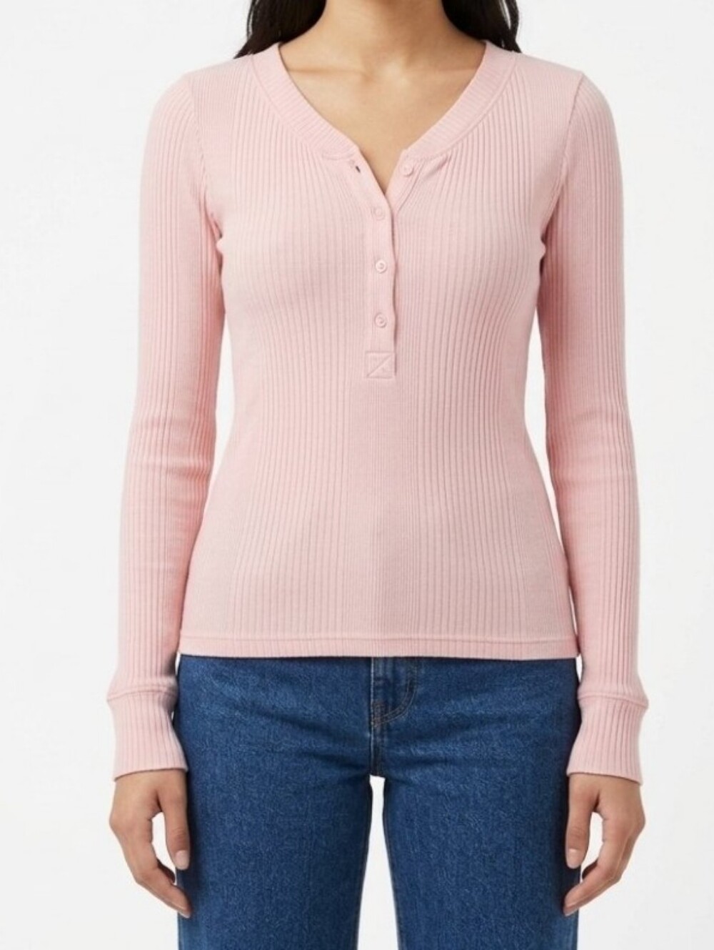 Aerie Road Trip Ribbed Stretchy Long Sleeve Henley T-Shirt Top Light Pink Sz M